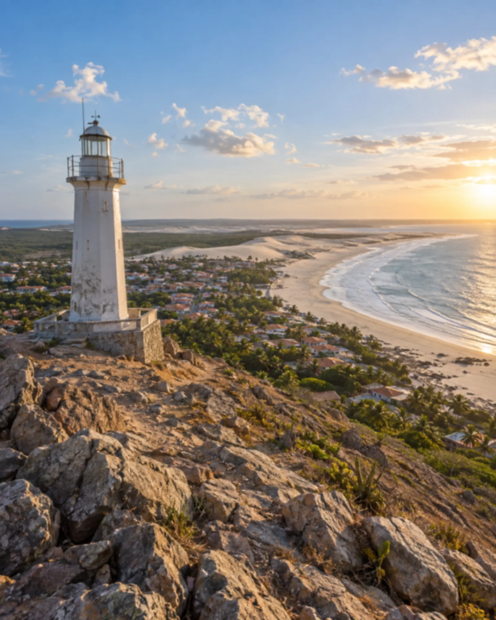 Farol no alto de um morro rochoso com vista aérea da vila.