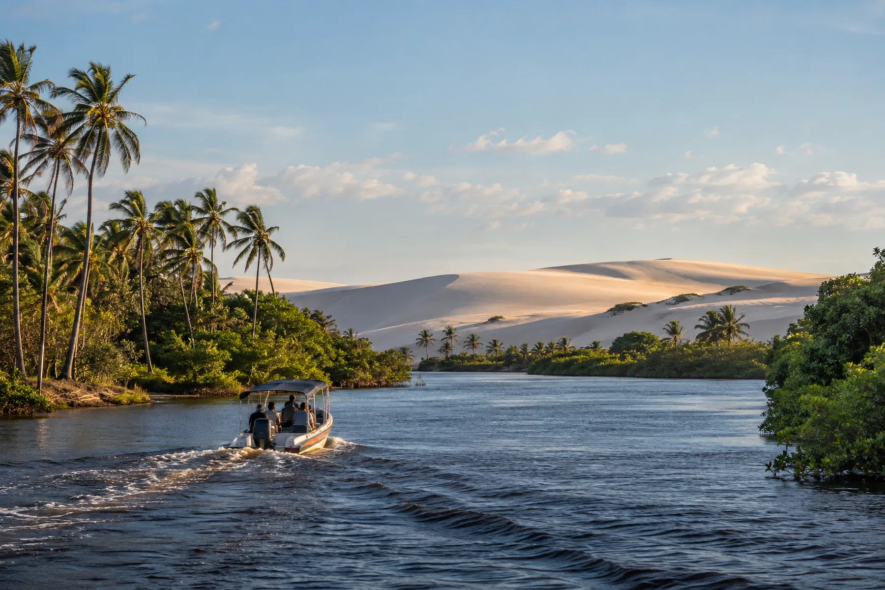 Passeio de lancha pelo Rio Preguiças entre vegetação e dunas.