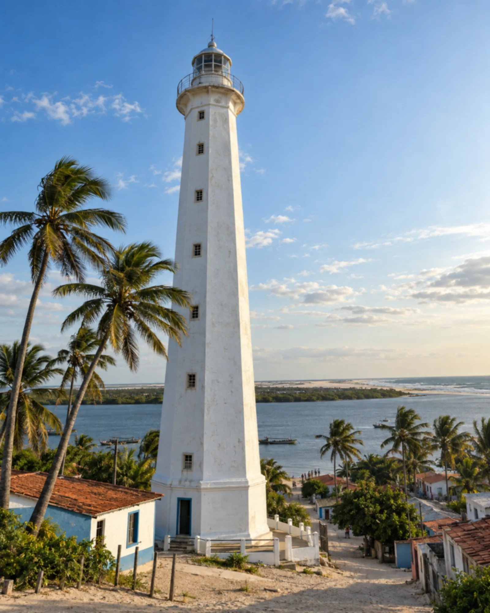 Farol de Mandacaru acima das casas e dos coqueiros.