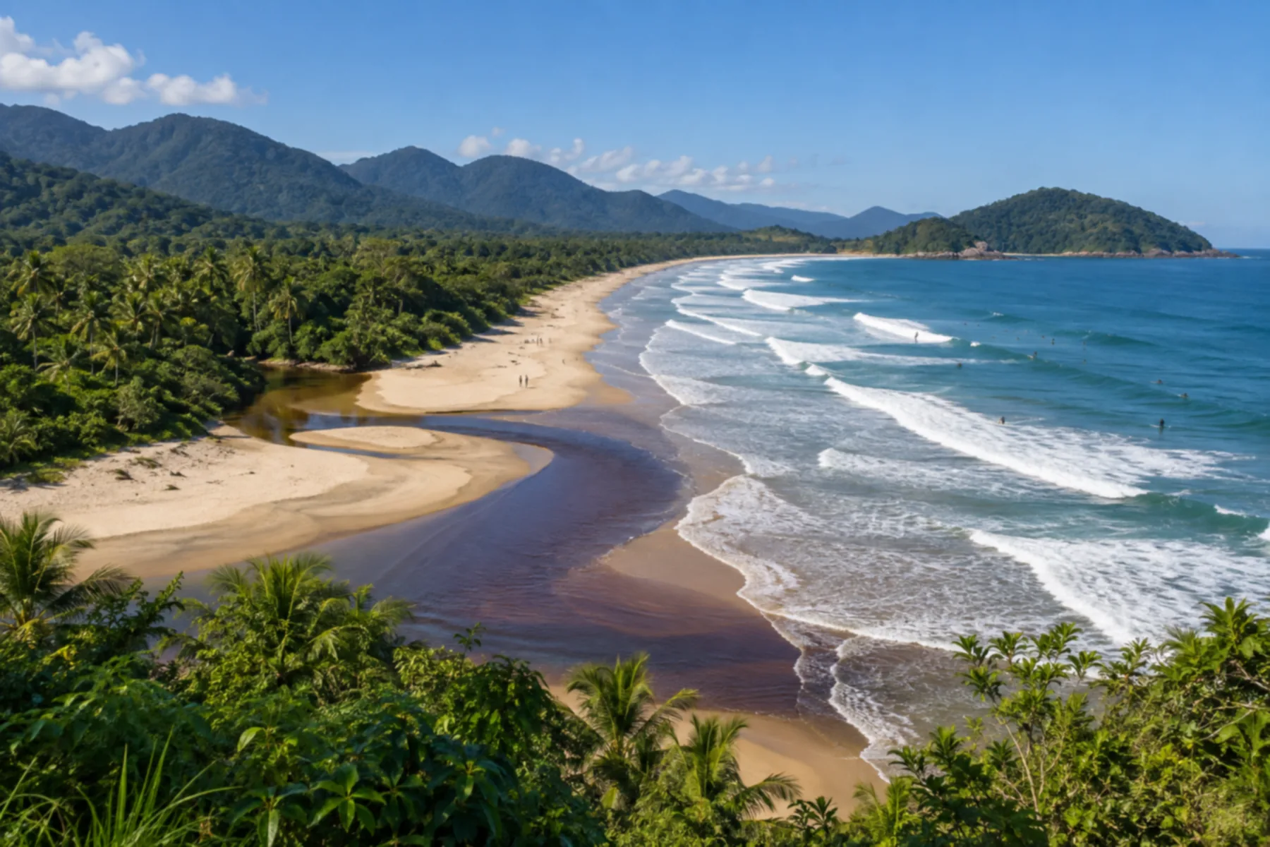 Praia extensa com ondas quebrando em séries.