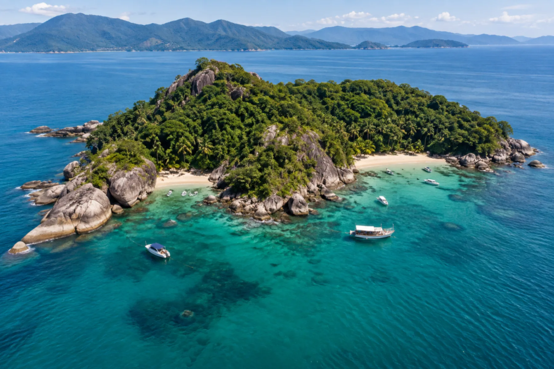 Ilha rochosa coberta de vegetação com duas pequenas praias de areia clara e água verde-azulada transparente.
