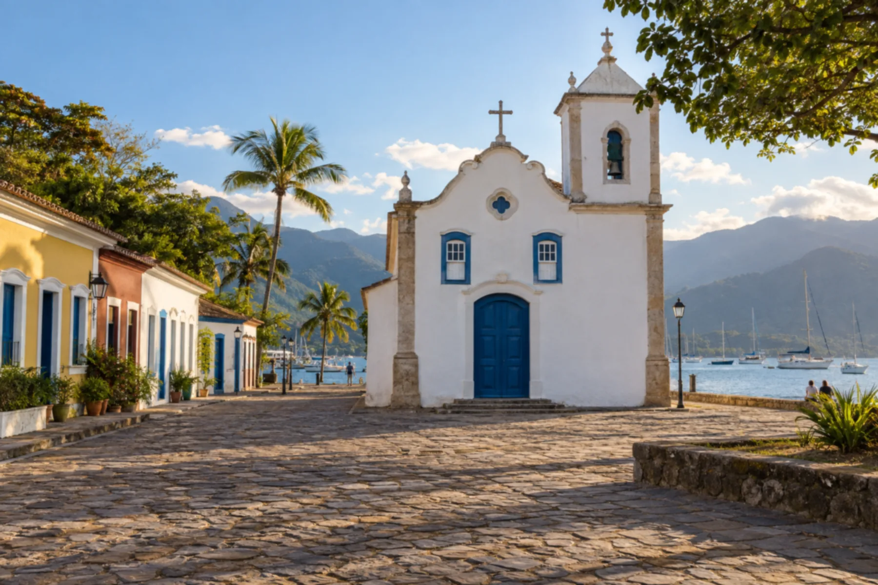 Igrejinha colonial branca com porta e janelas azuis em praça de calçamento antigo.