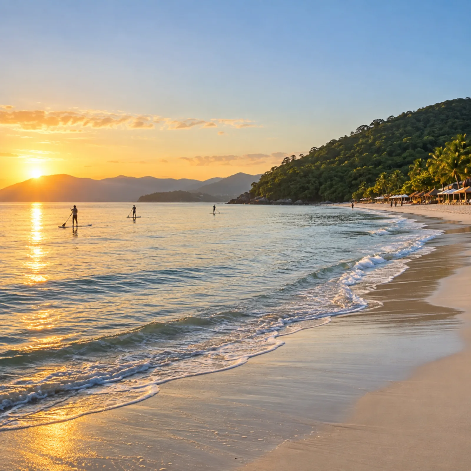 Praia de mar calmo e areia clara ao amanhecer.