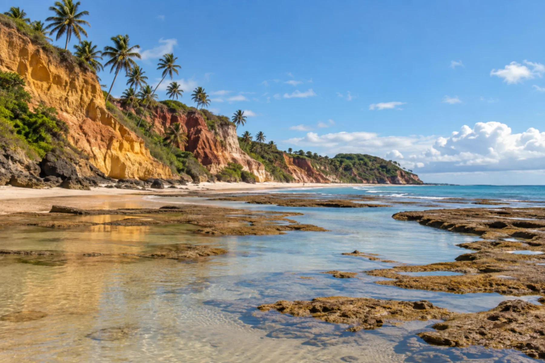 Praia com falésias de tons amarelos e avermelhados.