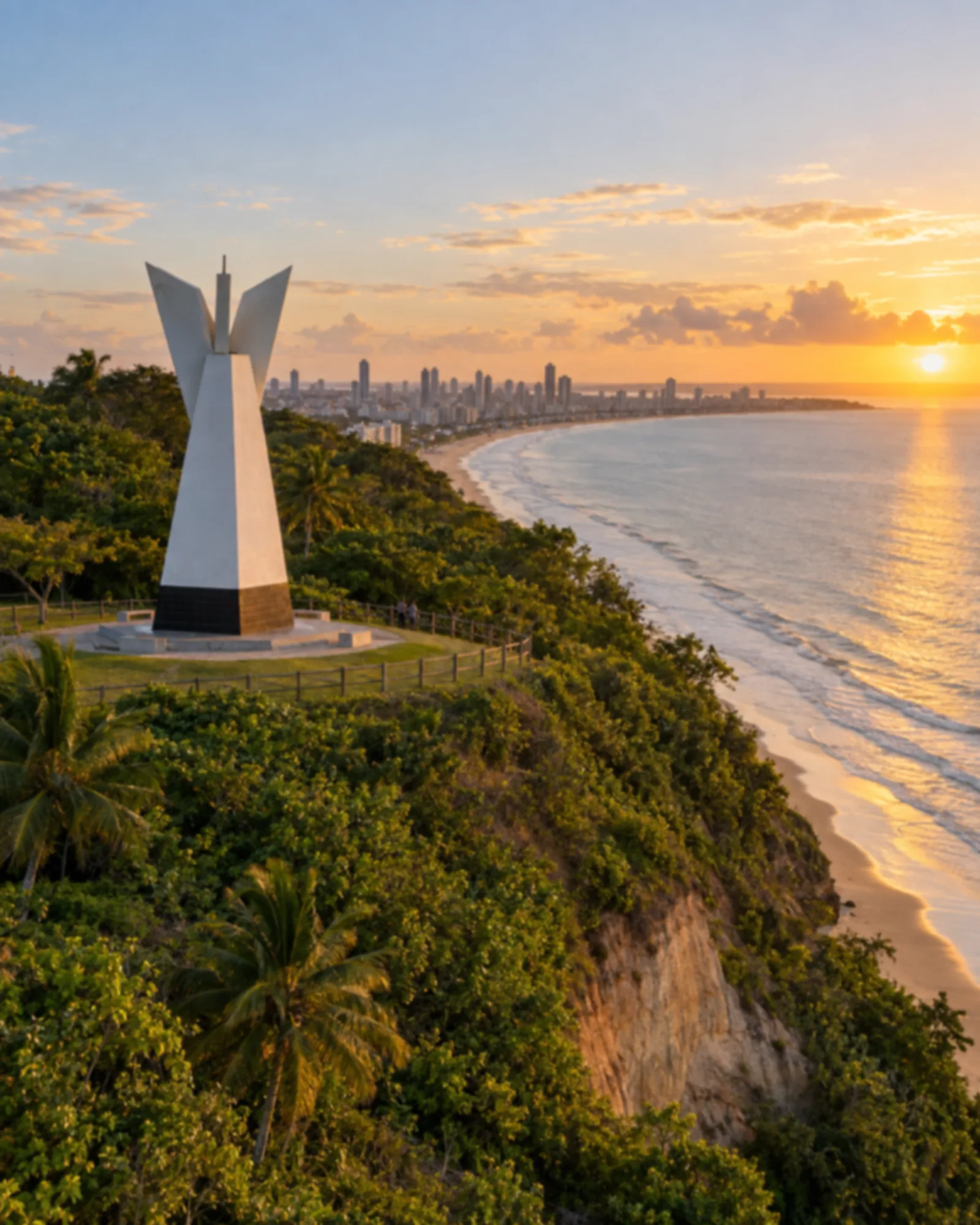 Farol branco no alto de uma falésia verde com o mar ao amanhecer.