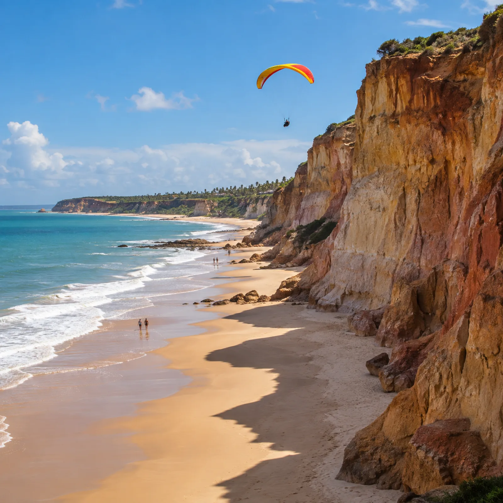 Falésia alta de tons ocres sobre uma praia larga.