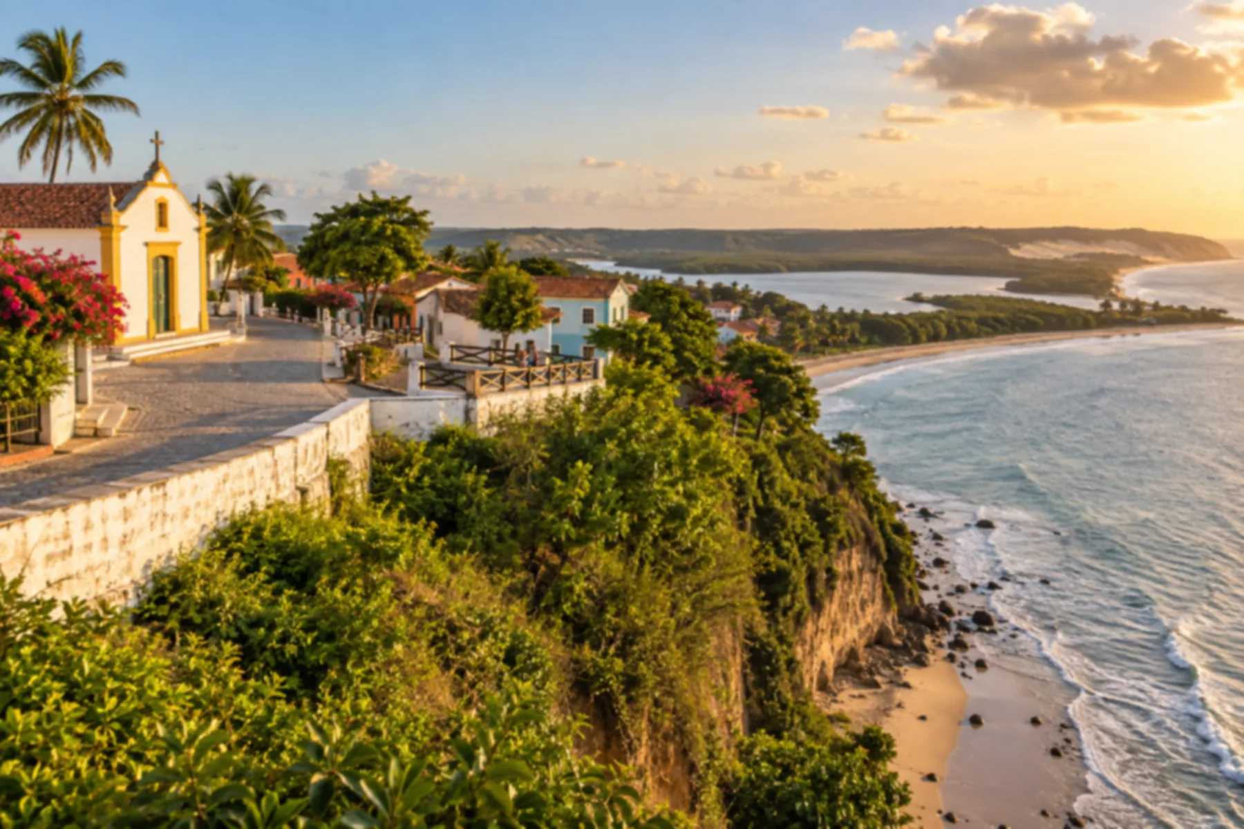 Vila de casas simples no alto de uma falésia.