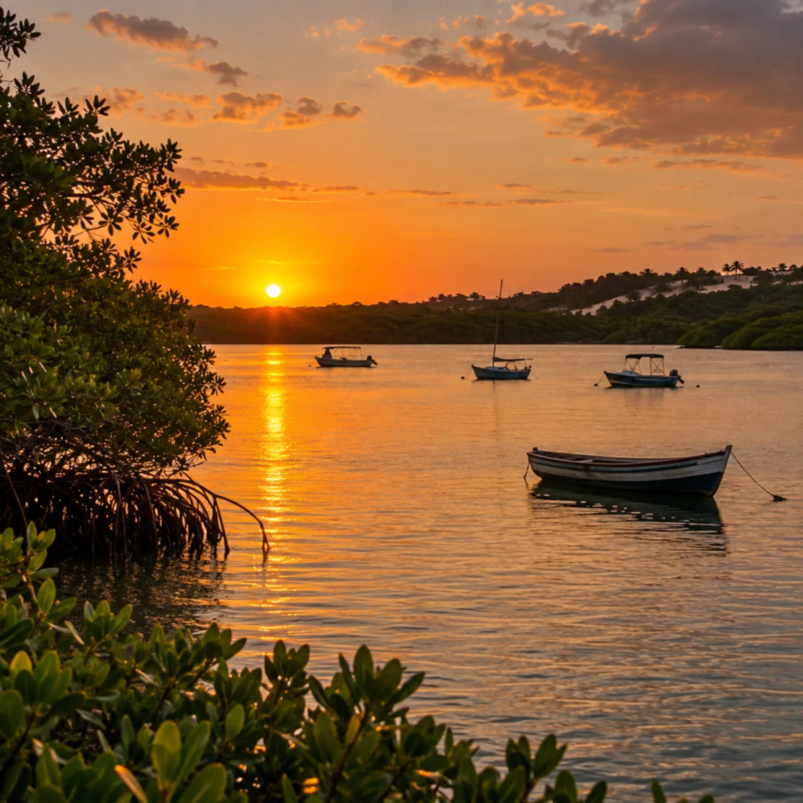 Pôr do sol alaranjado sobre uma laguna calma com barcos ancorados e mangue recortando as margens.