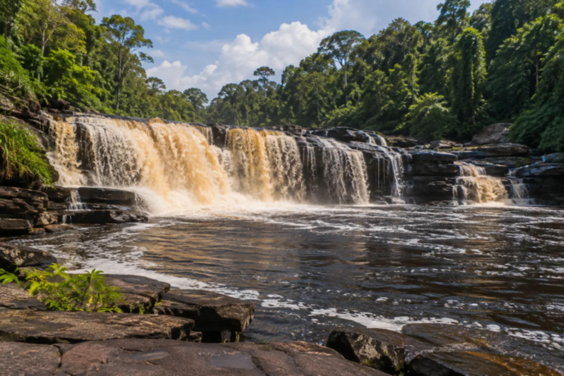 Queda d’água sobre lajes rochosas na Cachoeira de Iracema.