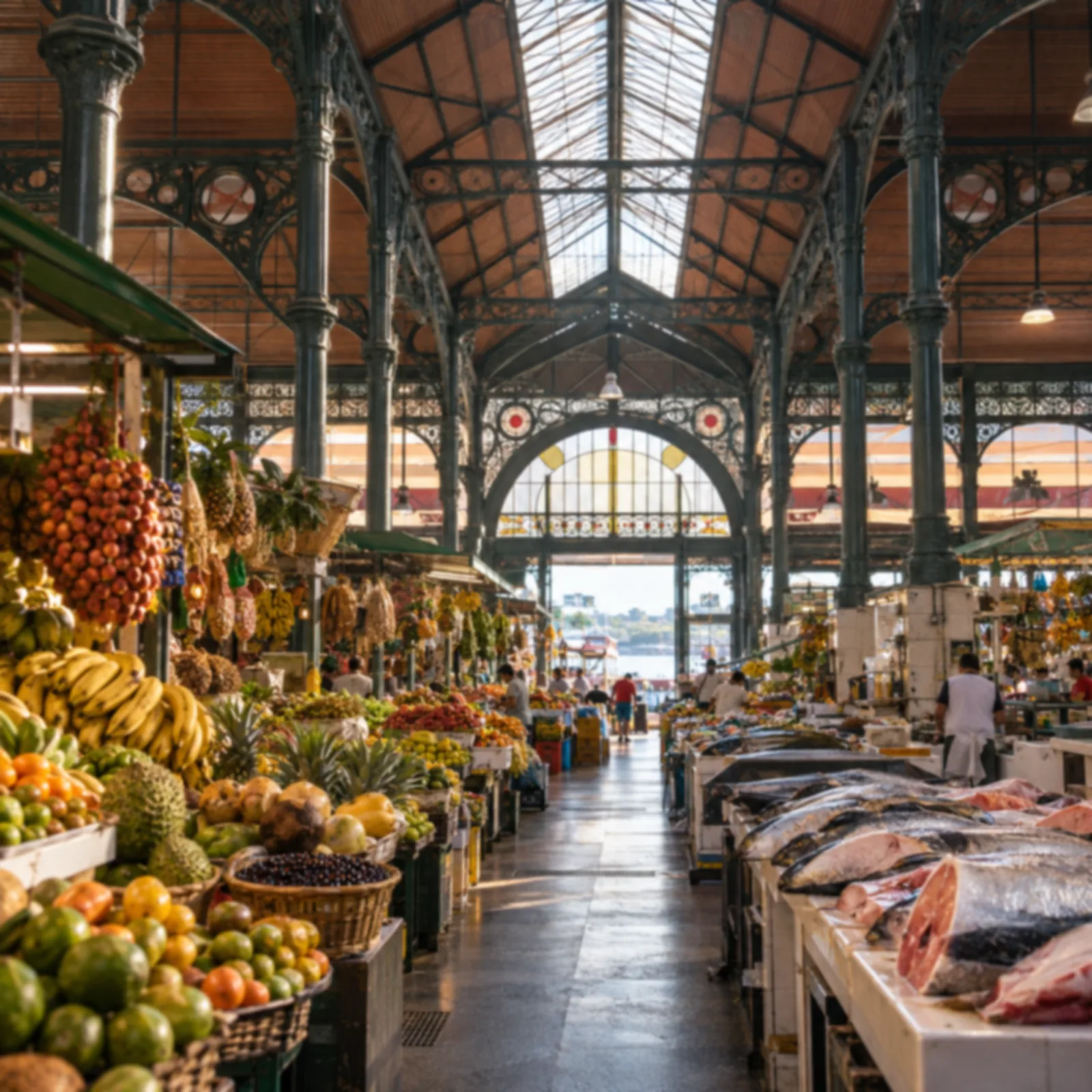 Frutas e peixes sob a estrutura metálica do Mercado Adolpho Lisboa.