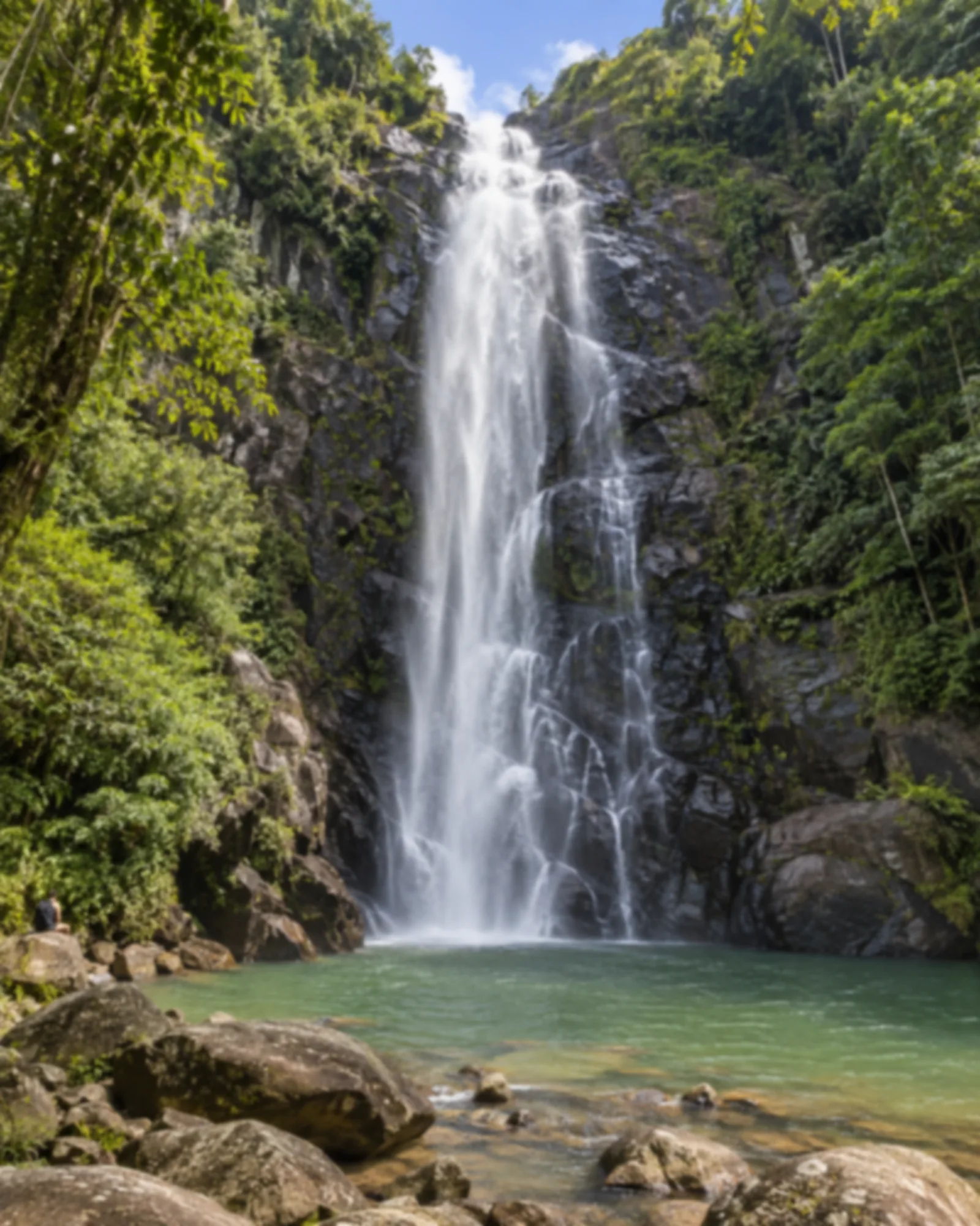 Cachoeira alta descendo por paredão de rocha escura cercado de vegetação tropical densa.