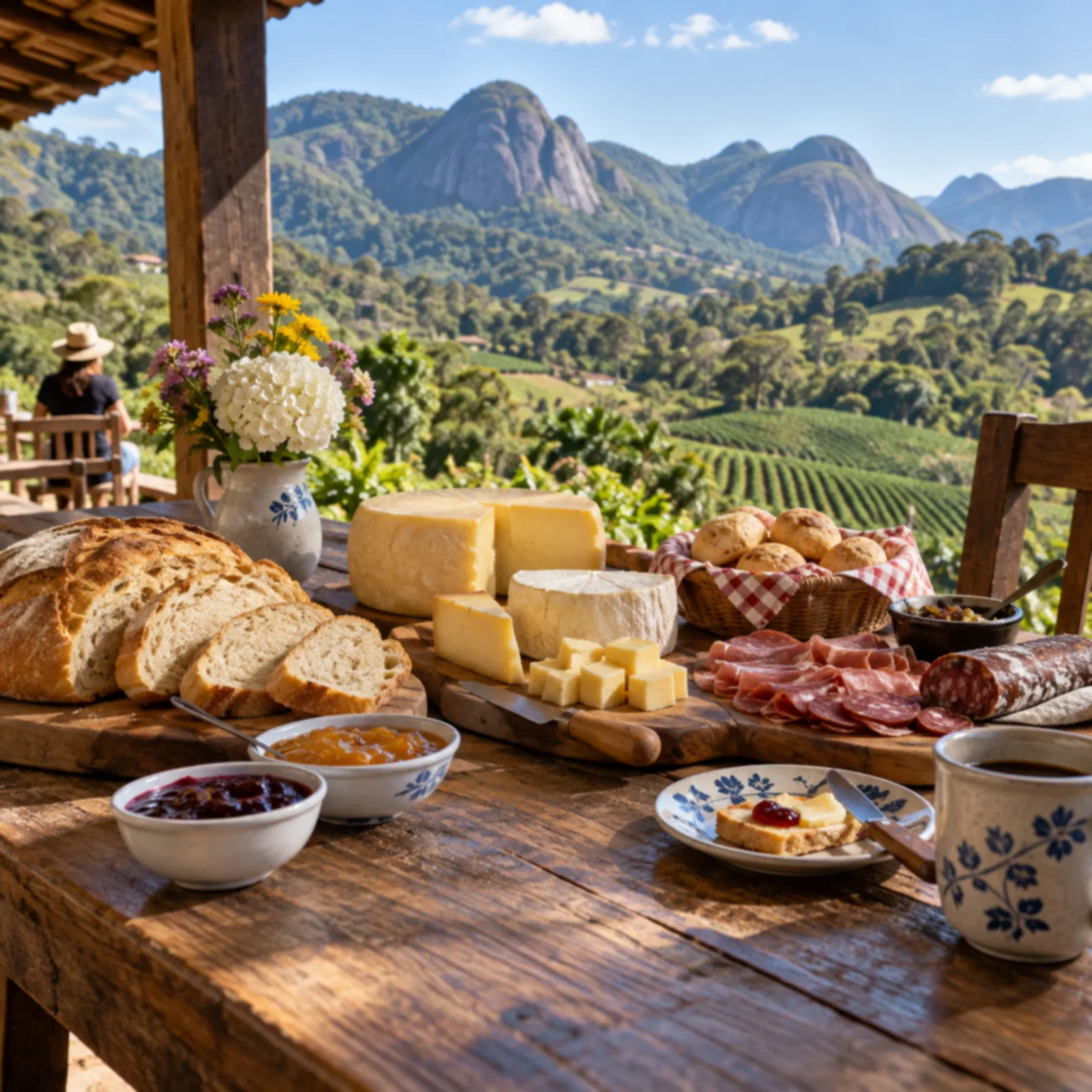 Mesa de madeira rústica em varanda de sítio.