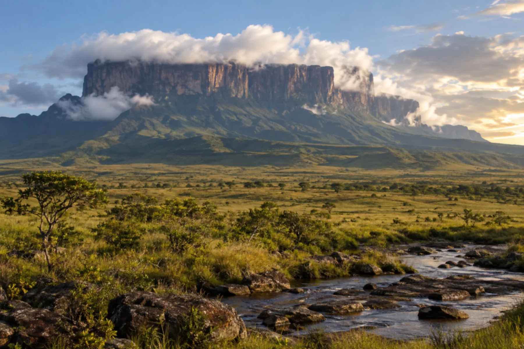 Montanha de topo totalmente plano com paredões verticais escuros emergindo de uma savana verde.