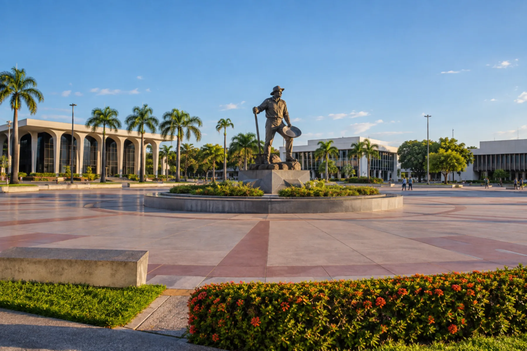 Praça circular ampla com estátua de bronze de garimpeiro ao centro.