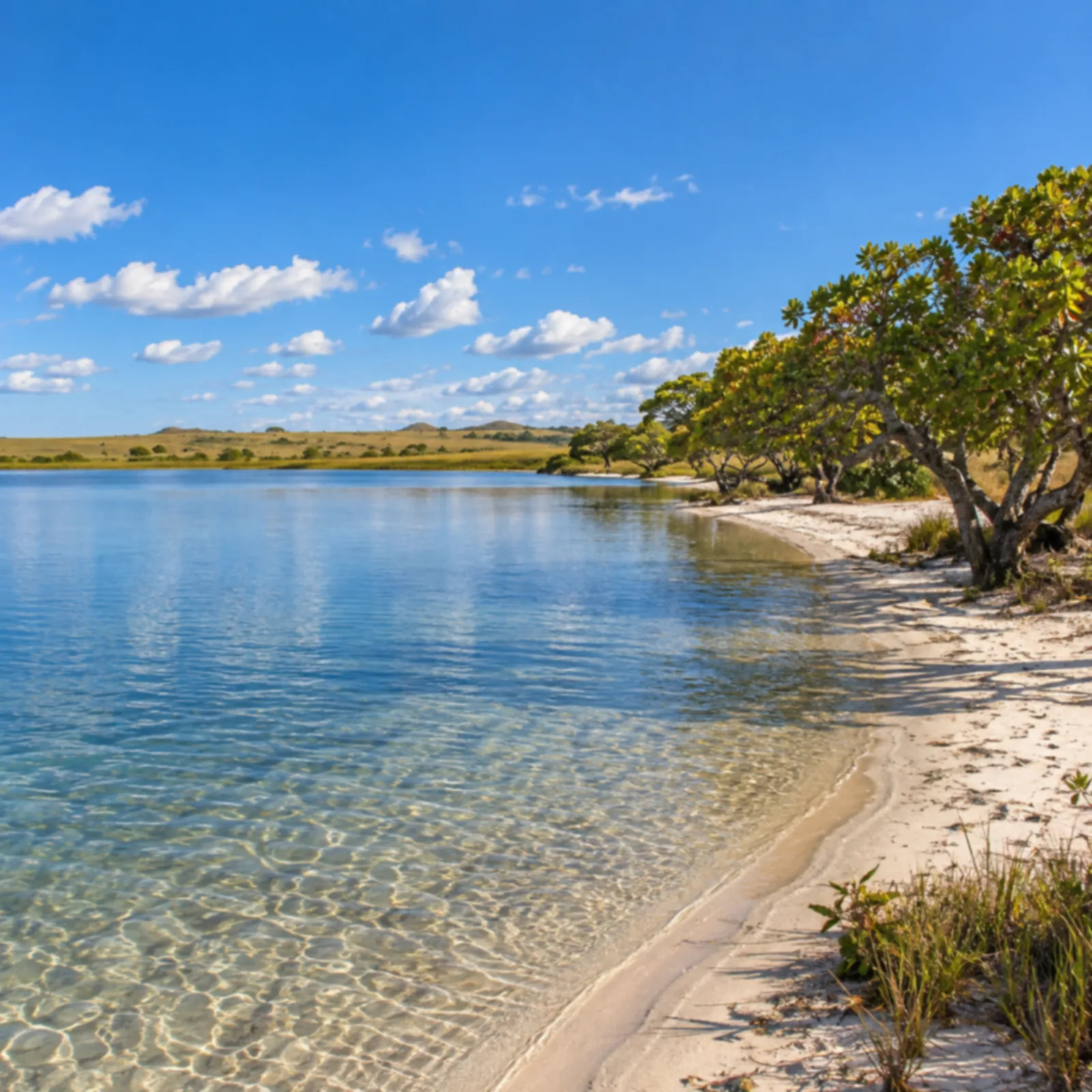 Lago de água clara com faixa de areia e cajueiros na margem.