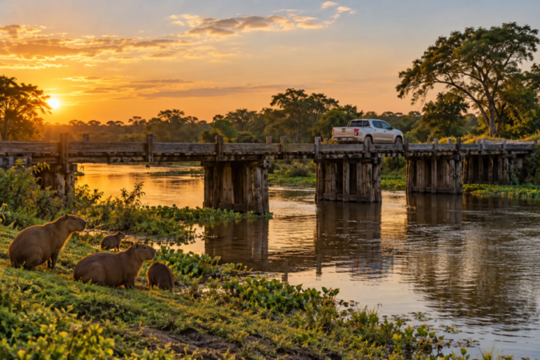 Ponte de madeira rústica sobre um rio pantaneiro.