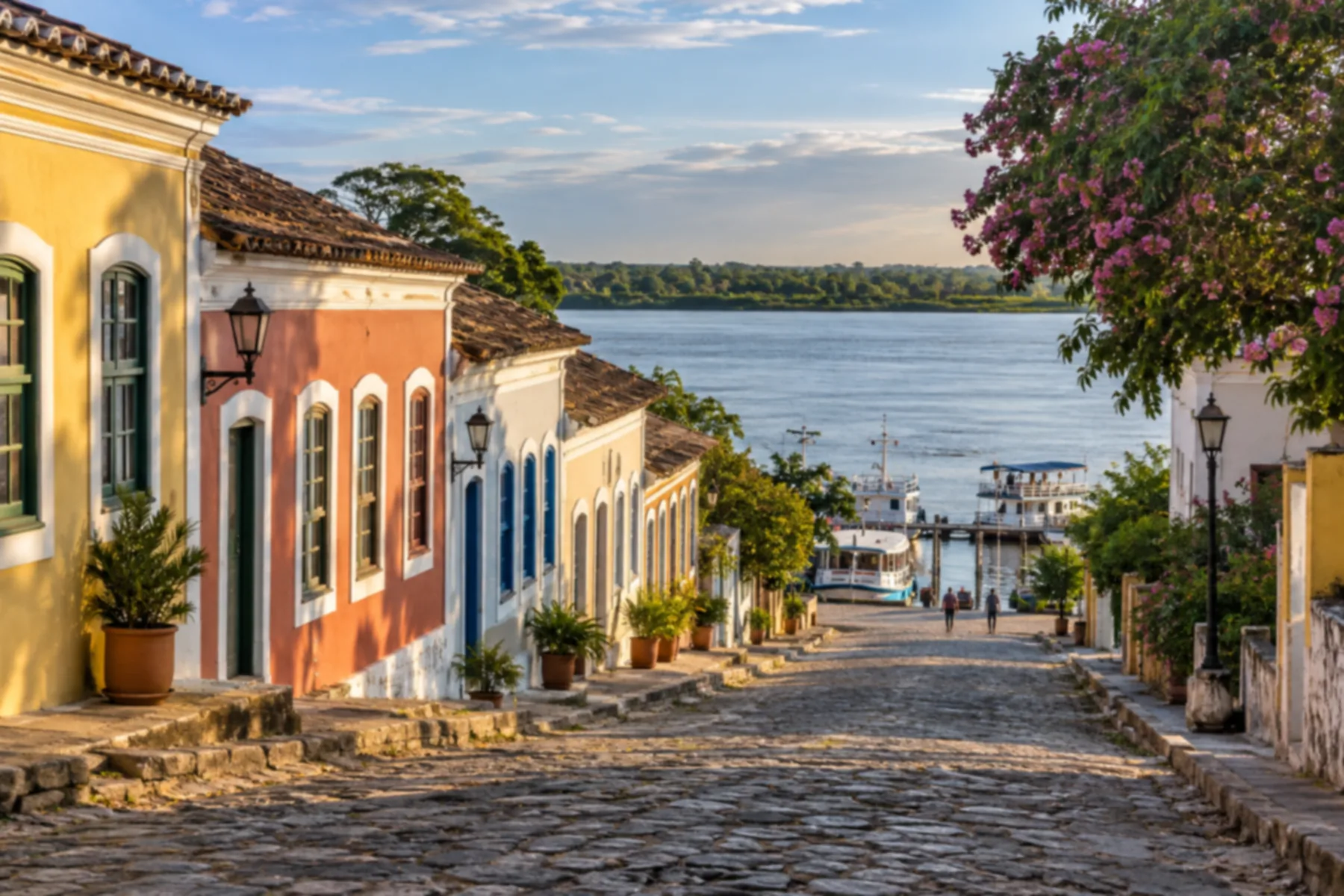 Fileira de casarões coloniais coloridos em ladeira de pedra descendo até um rio largo.