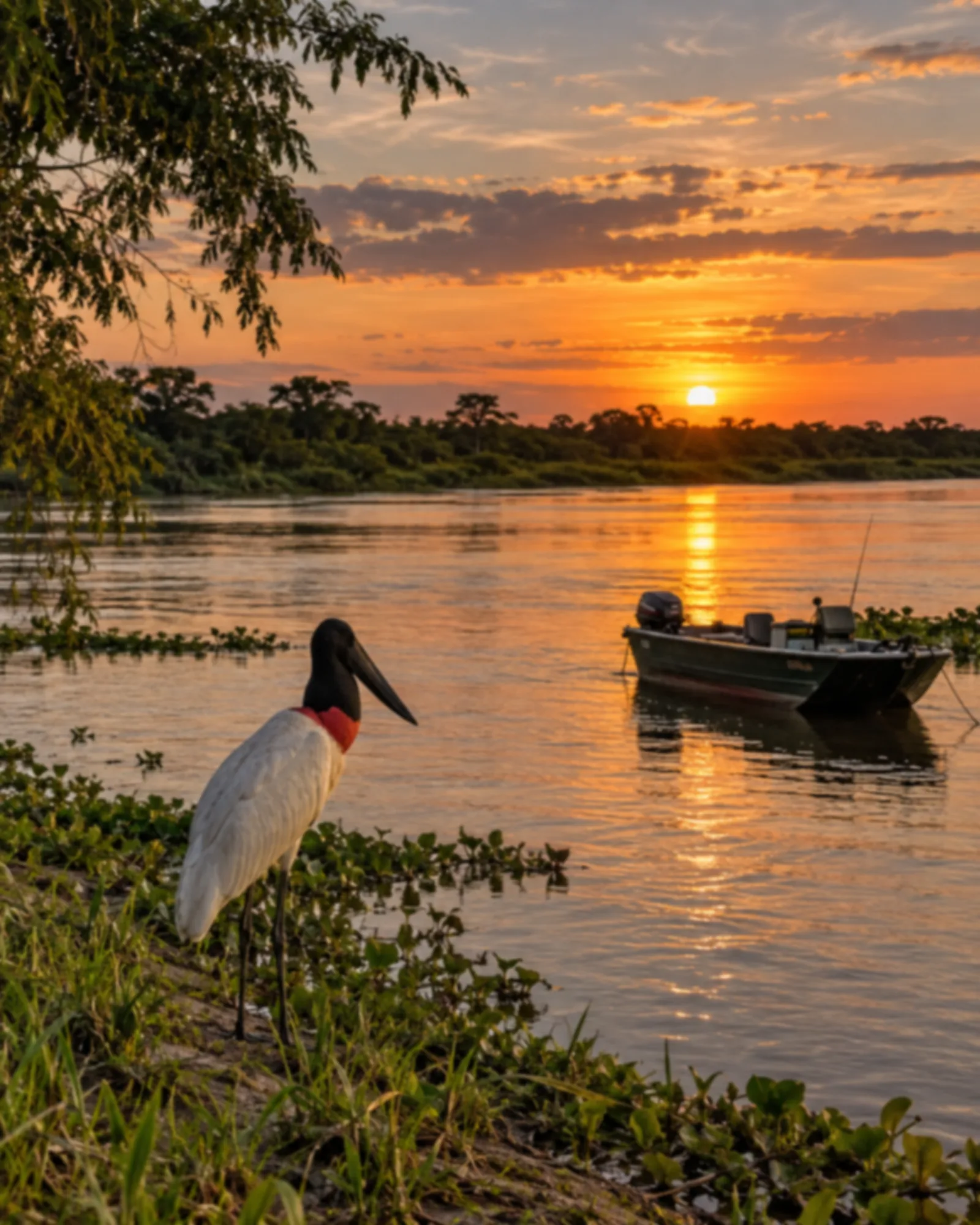 Barco de pesca ancorado em rio largo de águas escuras ao pôr do sol.