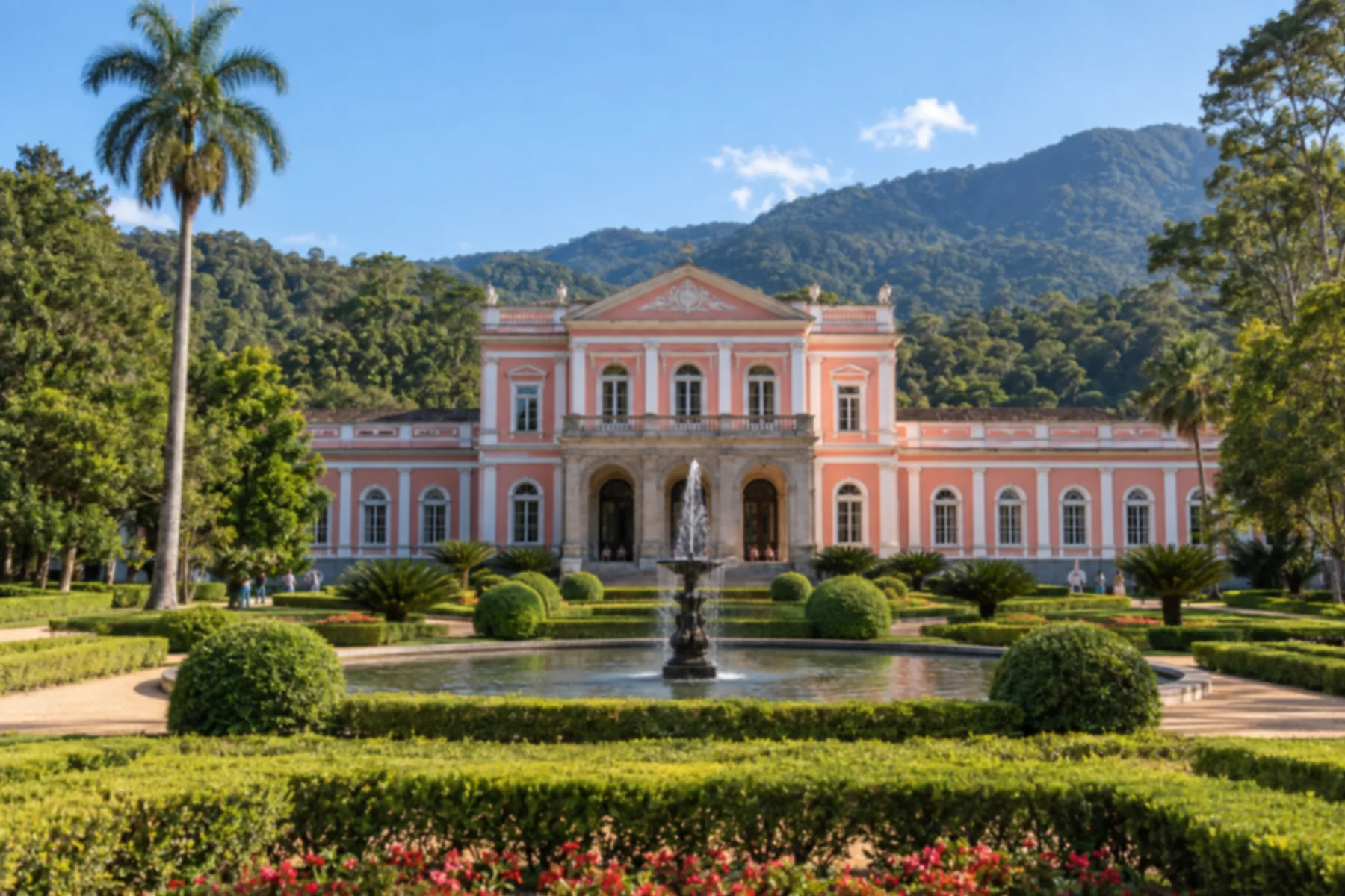 Palácio imperial neoclássico rosa e branco visto do jardim francês simétrico.
