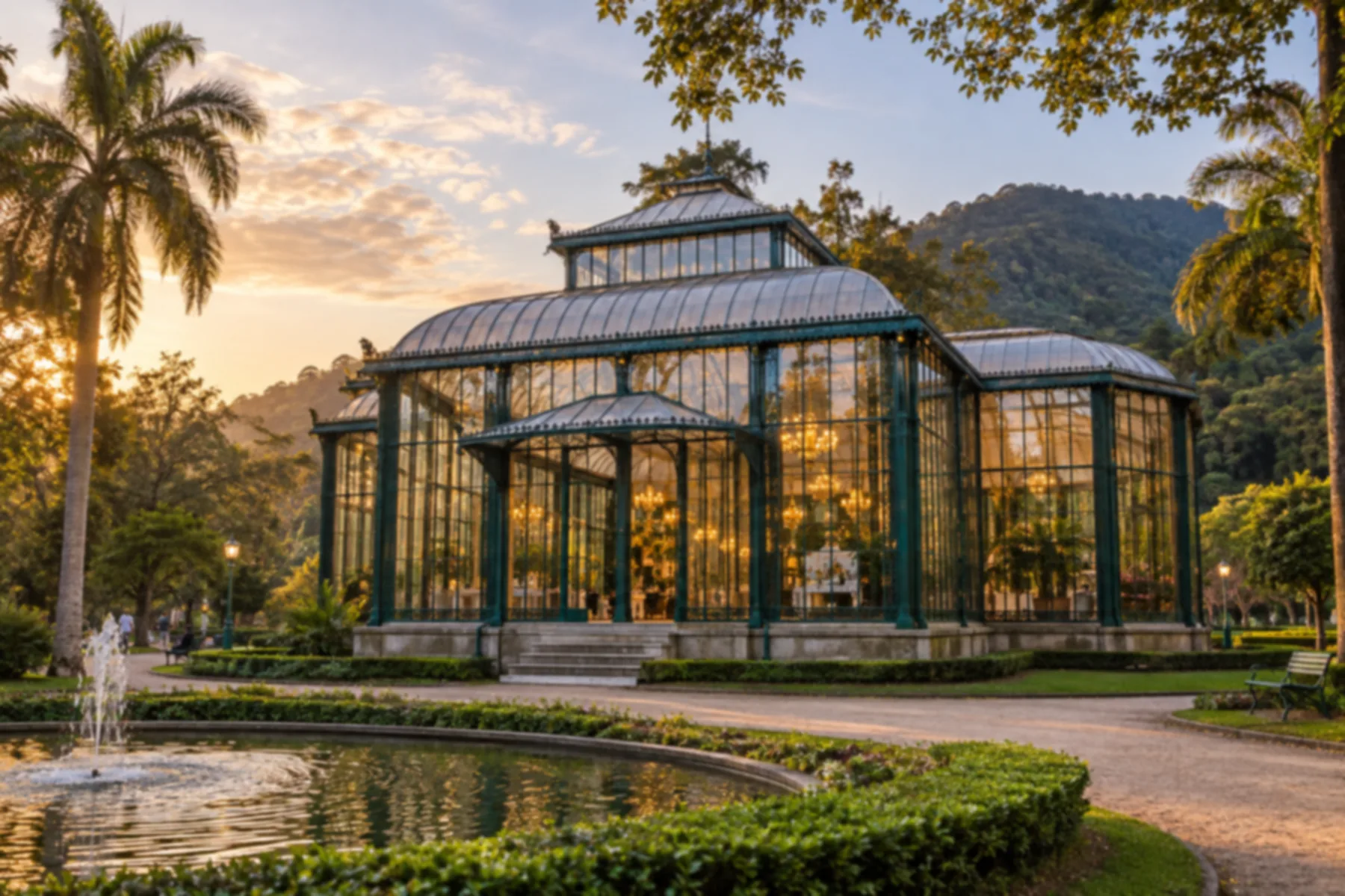 Pavilhão histórico de estrutura metálica verde e paredes de vidro em meio a um jardim arborizado.