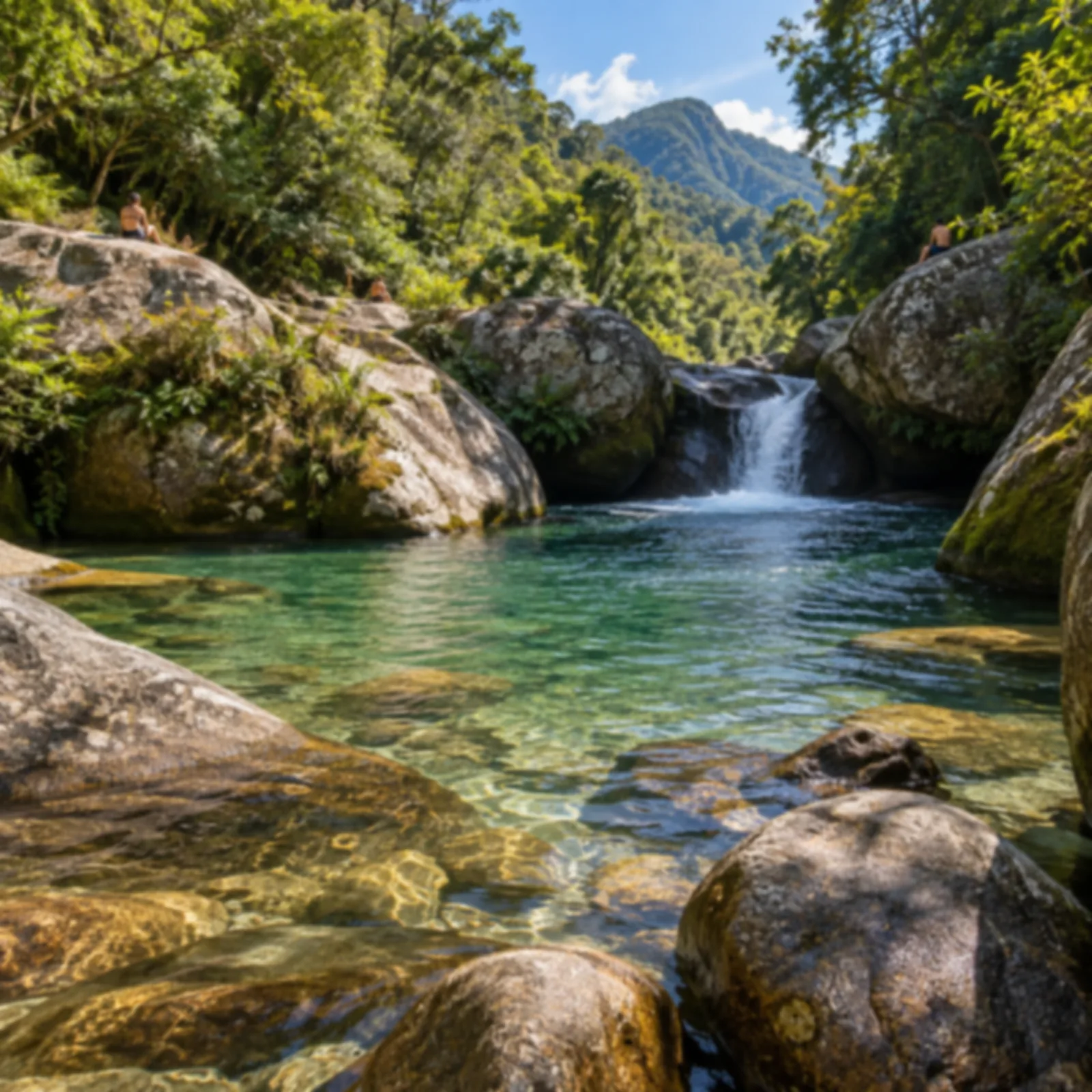 Poço de rio de água cristalina entre grandes pedras arredondadas na mata.