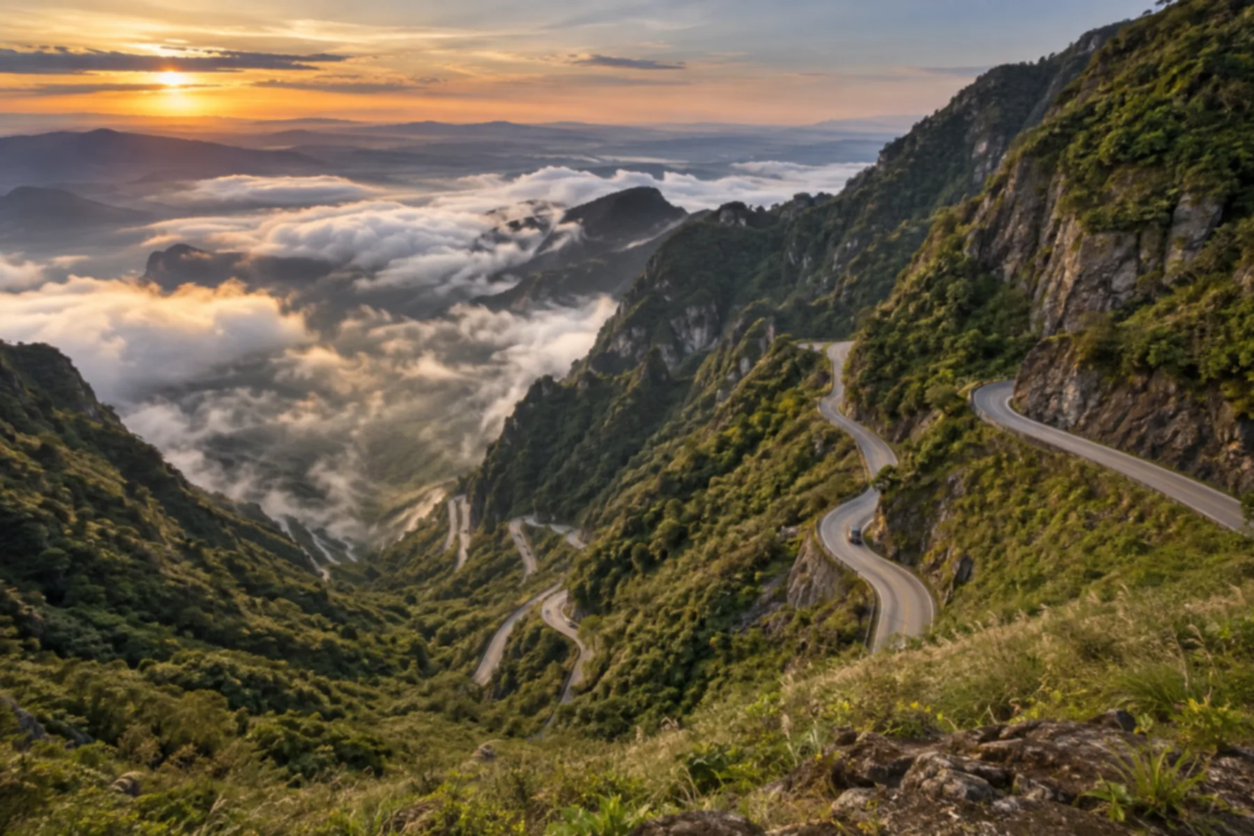Vista aérea de estrada de montanha com curvas em zigue-zague descendo um paredão verde.