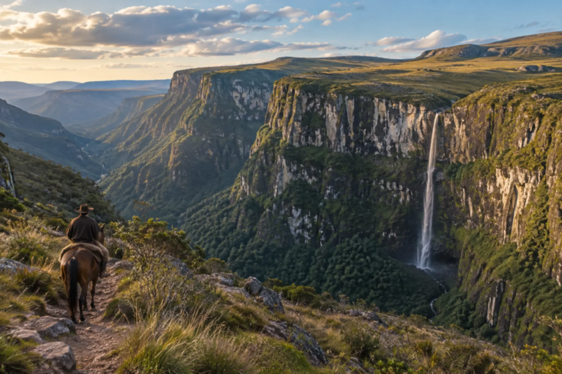 Cânion de paredões escarpados com campos de altitude no topo.