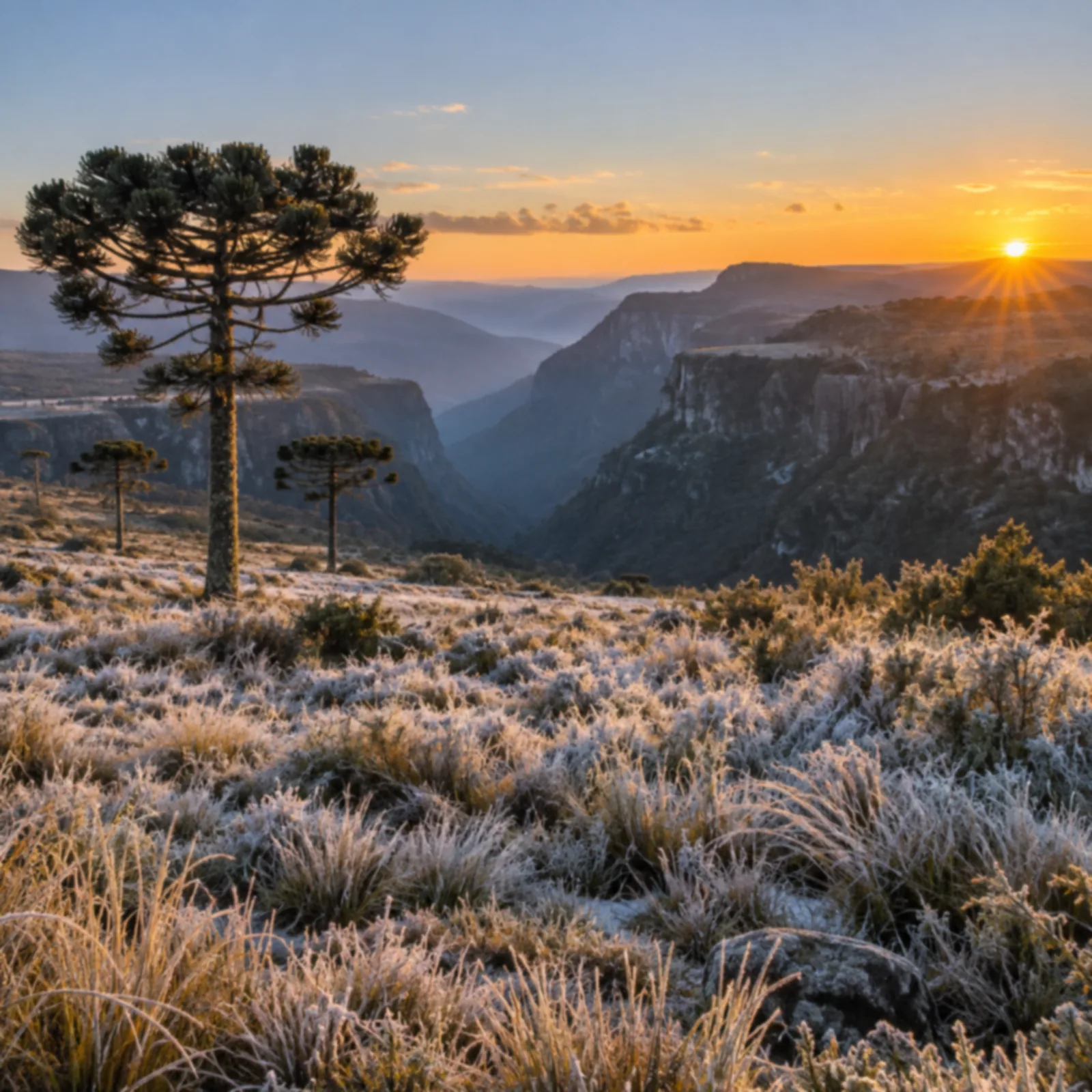 Campos de altitude com araucárias isoladas cobertos por geada branca ao nascer do sol.