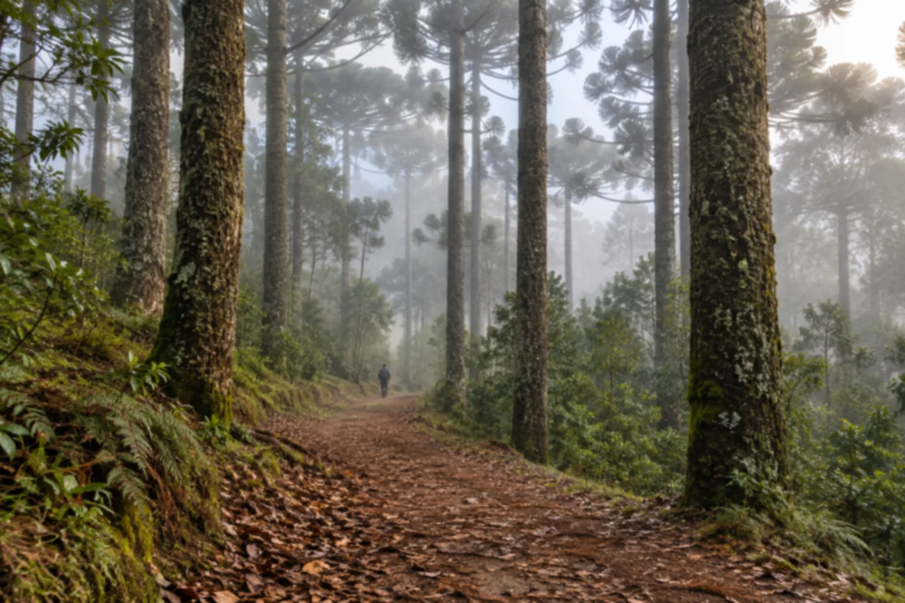 Alameda de araucárias altas com neblina baixa entre os troncos e um caminho de terra coberto de folhas secas atravessando a floresta.