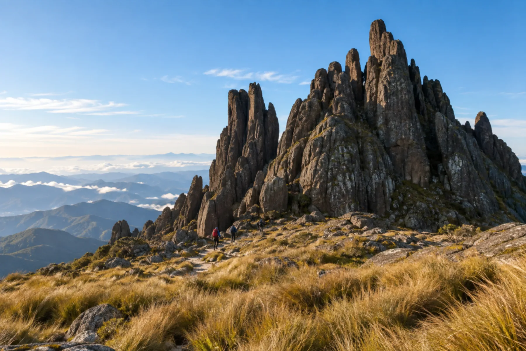 Agulhas de rocha escura recortadas contra o céu no alto de uma montanha.