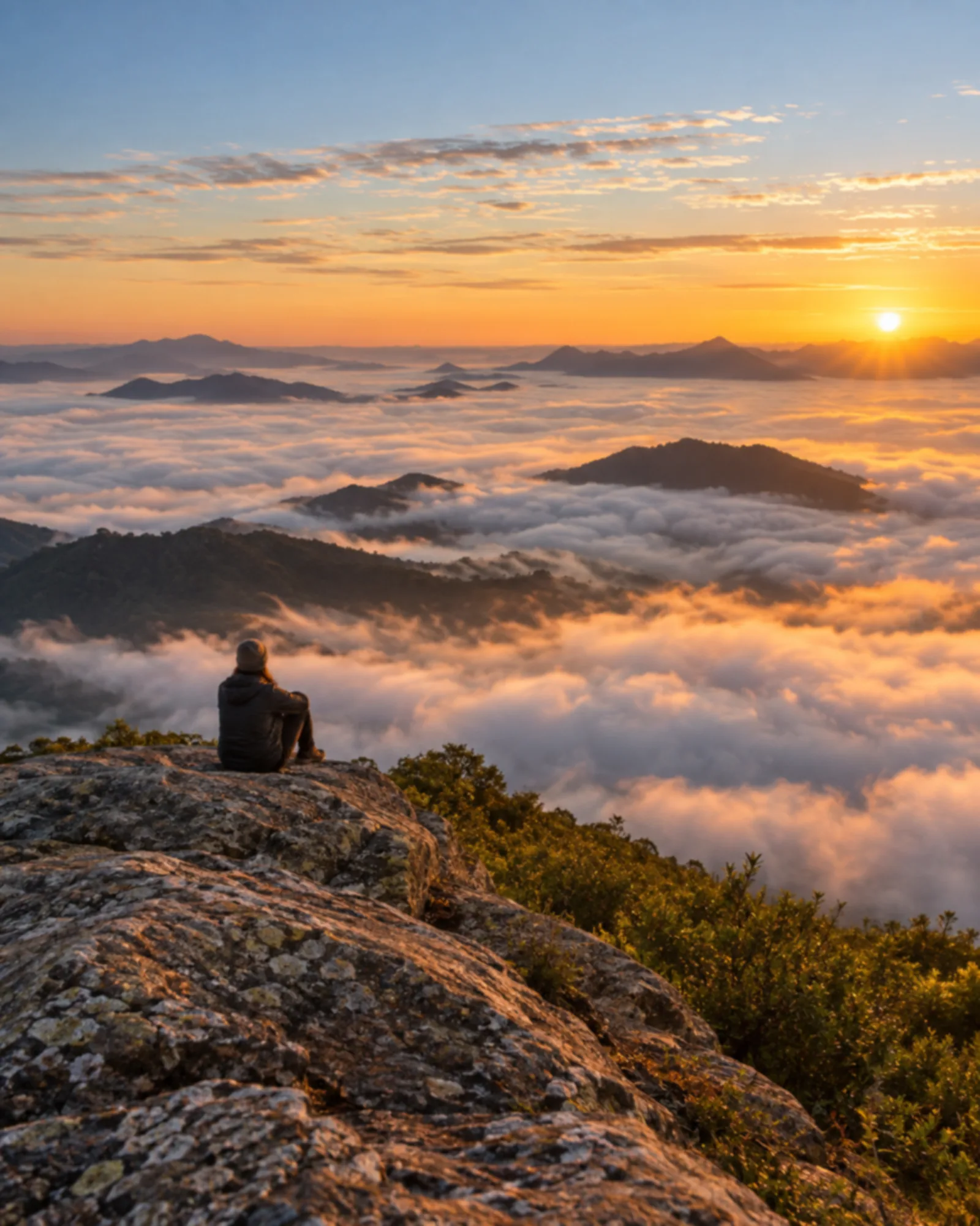 Plataforma rochosa no alto de uma montanha com um mar de nuvens preenchendo o vale abaixo e picos distantes emergindo.