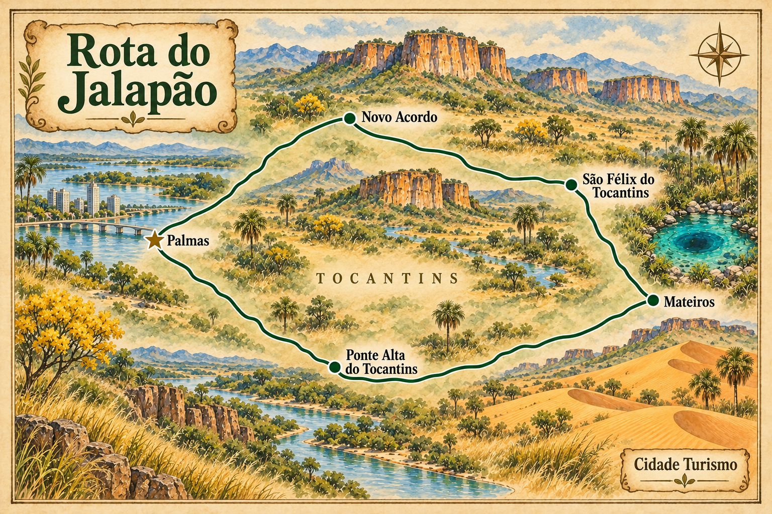 Mapa ilustrado da Rota do Jalapão