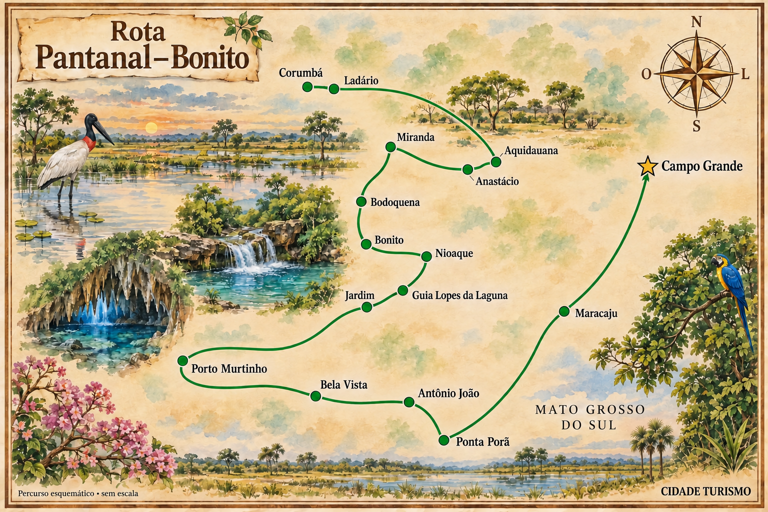 Mapa ilustrado da Rota Pantanal–Bonito