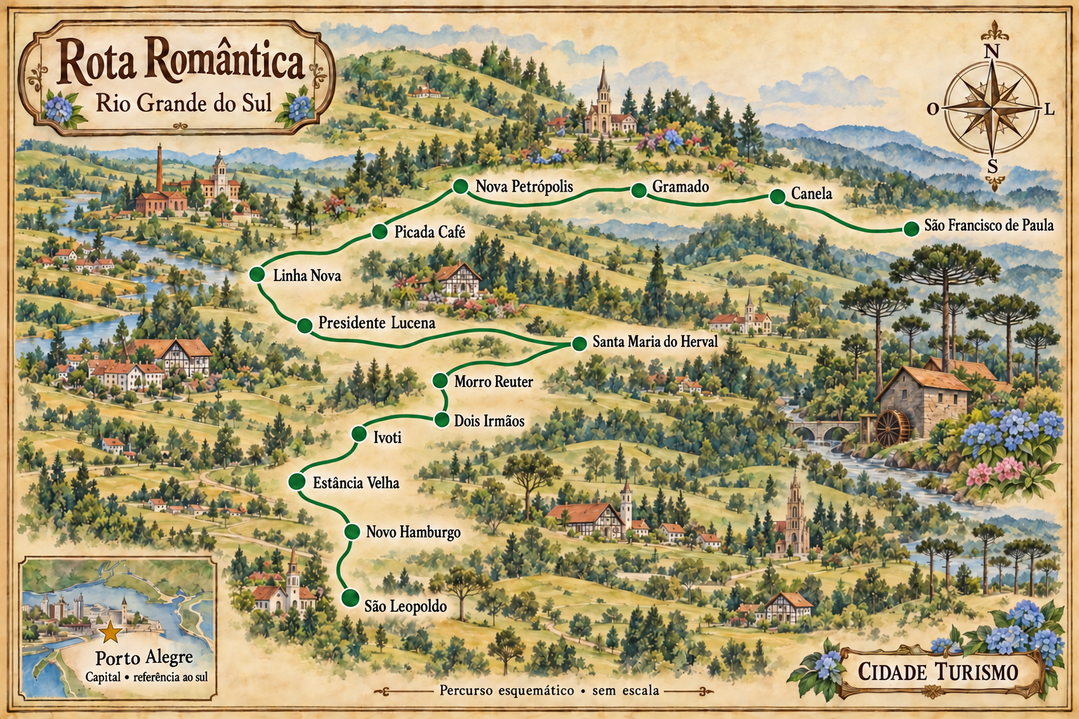 Mapa ilustrado da Rota Romântica