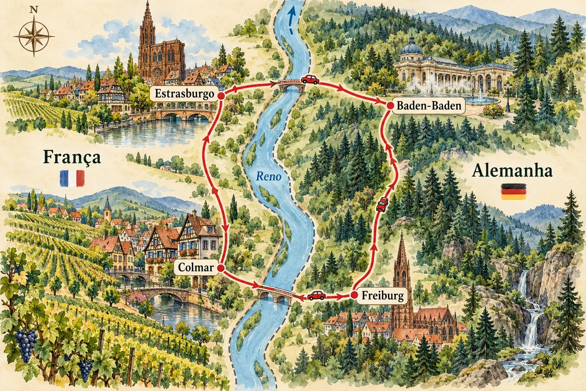 Mapa ilustrado da Alsácia e Floresta Negra