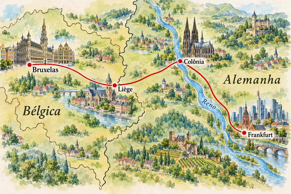 Mapa ilustrado da Bruxelas–Colônia–Frankfurt de trem