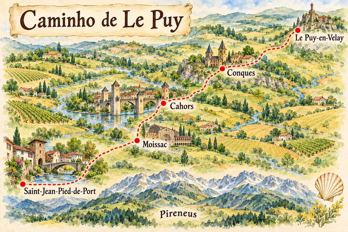 Mapa ilustrado da Caminho de Le Puy a pé