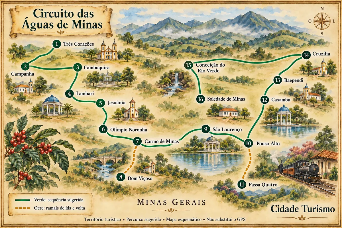 Mapa ilustrado da Circuito das Águas de Minas
