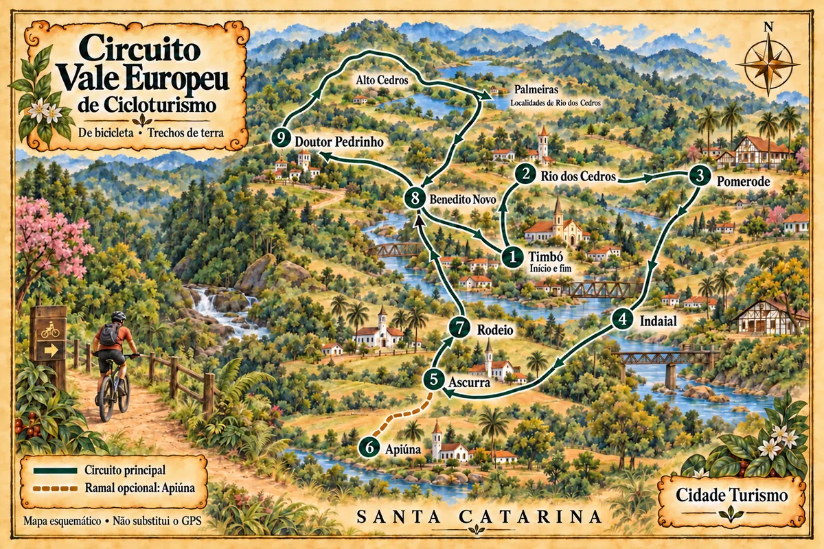 Mapa ilustrado da Circuito Vale Europeu de Cicloturismo