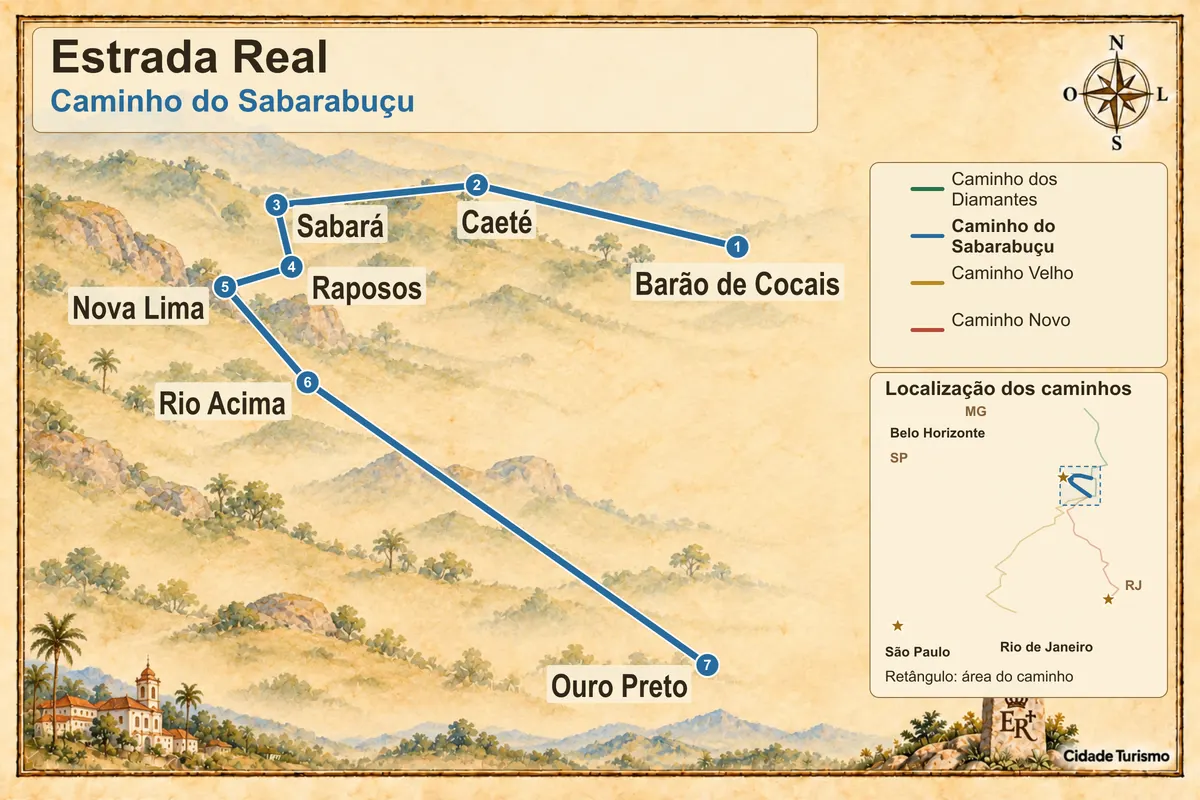 Mapa ilustrado da Estrada Real – Caminho do Sabarabuçu