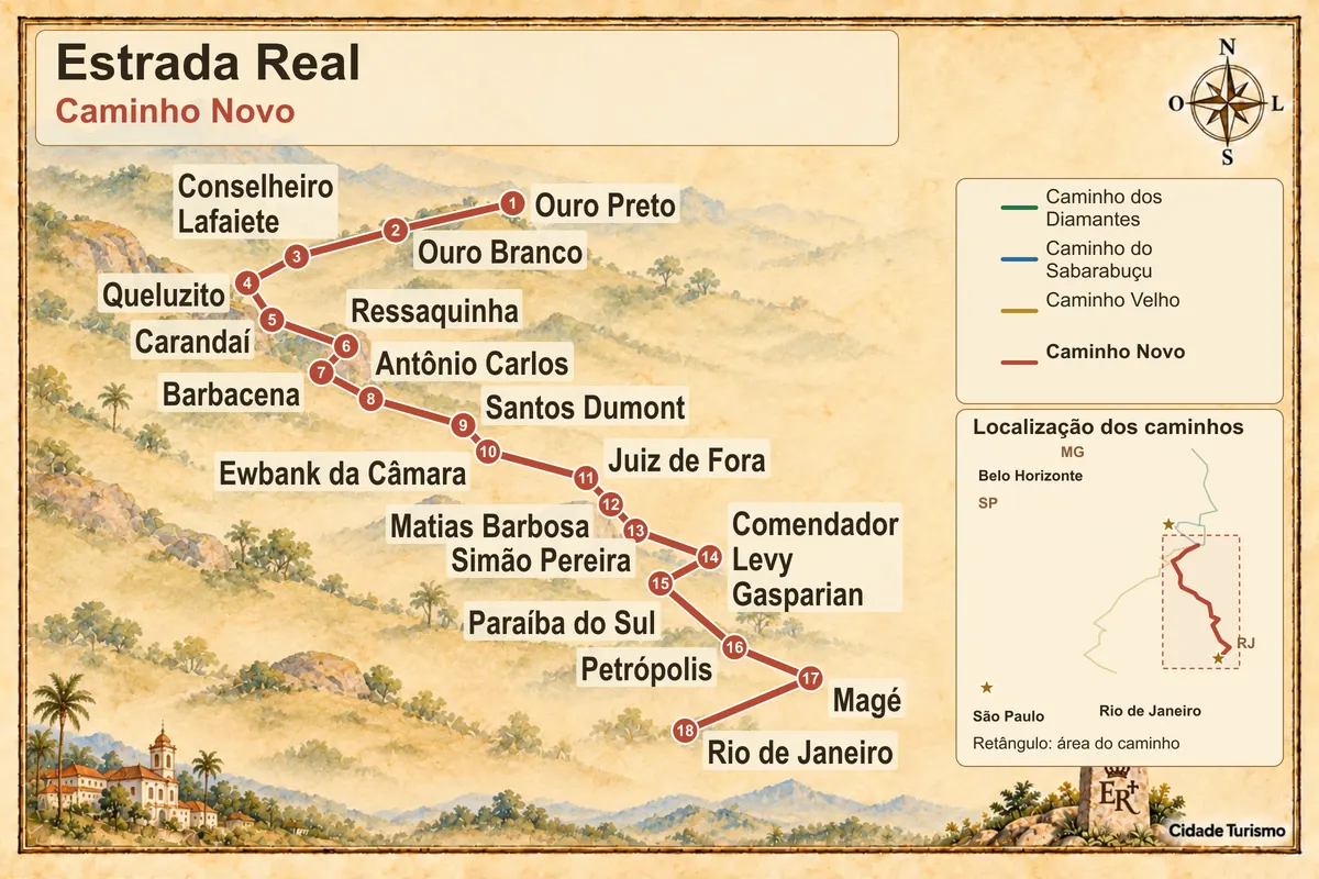 Mapa ilustrado da Estrada Real – Caminho Novo