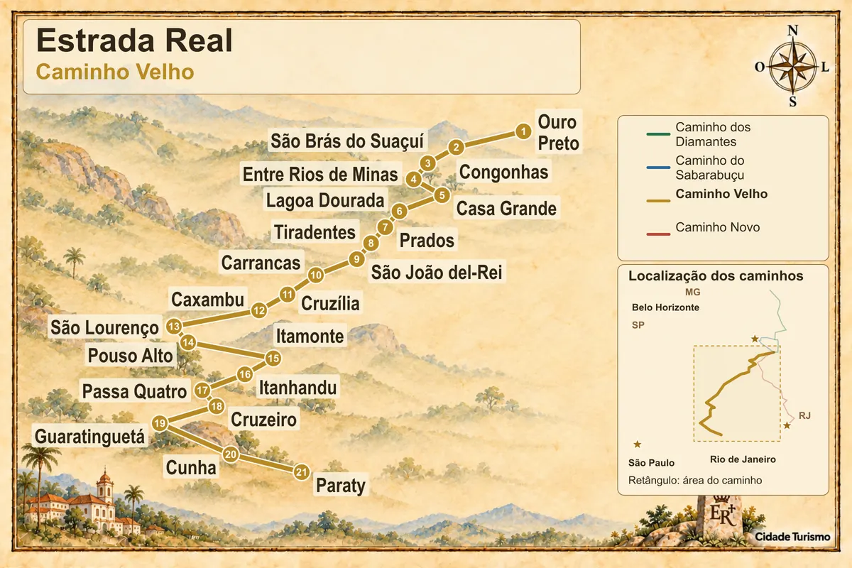 Mapa ilustrado da Estrada Real – Caminho Velho