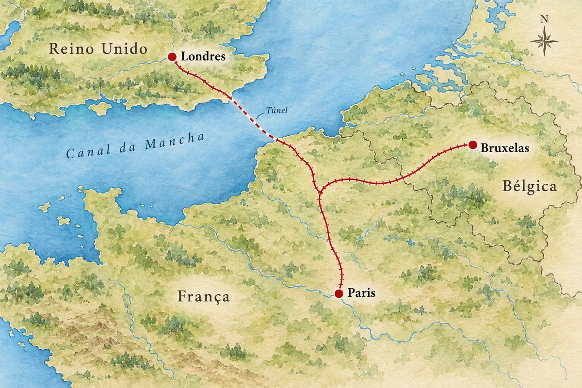 Mapa ilustrado da Eurostar: Londres, Paris e Bruxelas