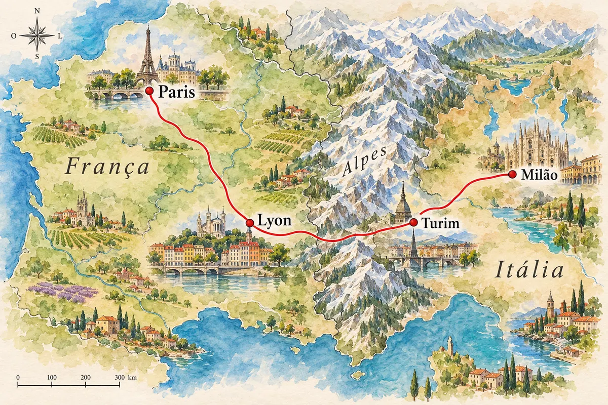 Mapa ilustrado da Milão–Paris de trem pelos Alpes