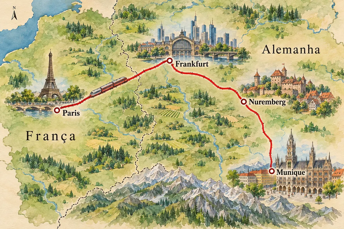 Mapa ilustrado da Paris–Frankfurt–Munique de trem