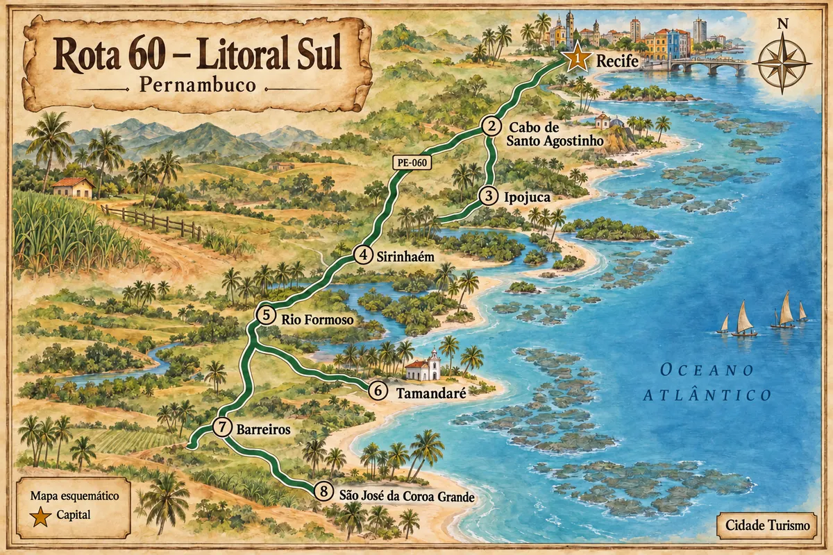 Mapa ilustrado da Rota 60 – Litoral Sul