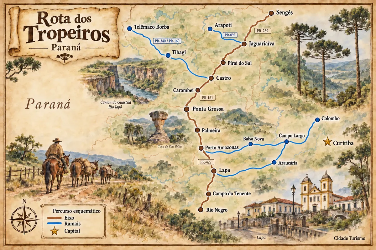 Mapa ilustrado da Rota dos Tropeiros