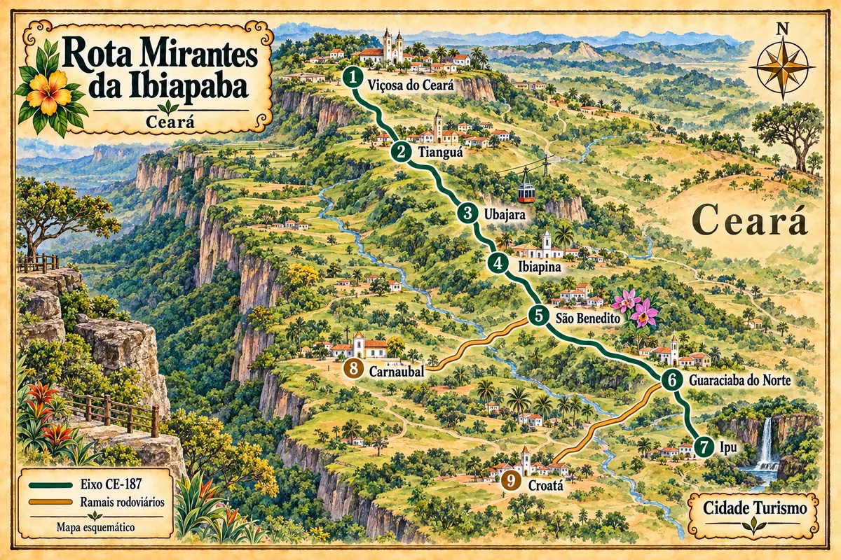 Mapa ilustrado da Rota Mirantes da Ibiapaba