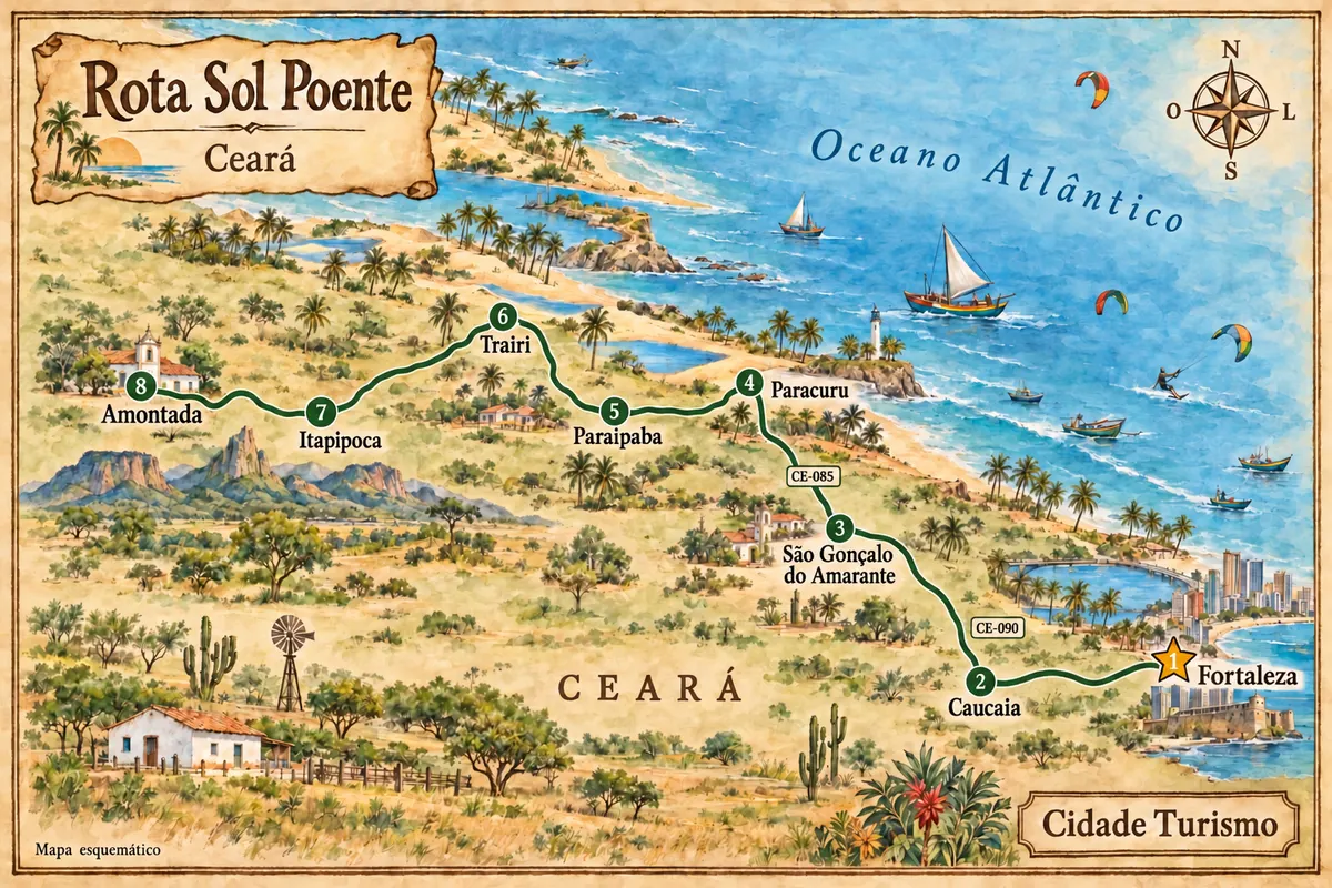 Mapa ilustrado da Rota Sol Poente