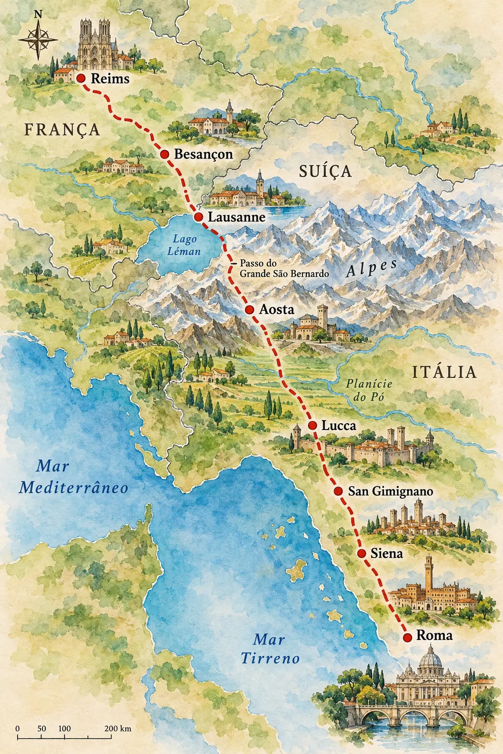 Mapa ilustrado da Via Francígena a pé: de Canterbury a Roma